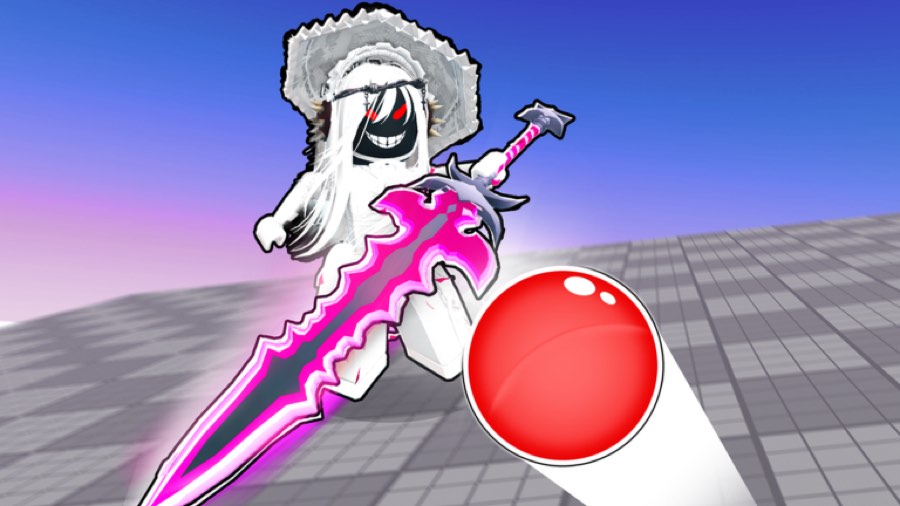 Character with a large pink sword facing the red ball on a tiled arena