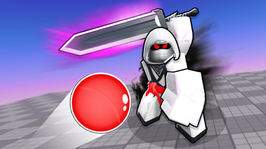 White-robed swordsman swinging an oversized blade as the ball approaches